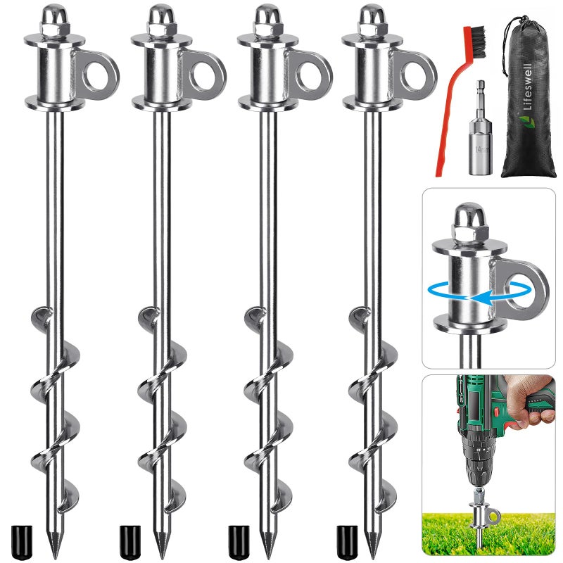 Lifeswell 4 Pack Tent Stakes, 12 Inch Heavy Duty Ground Anchors, Full Welding, Easy to Screw in and Reusable, for Camping Tents, Trampolines, Sheds, Swing Sets, Securing Animals - Image 1